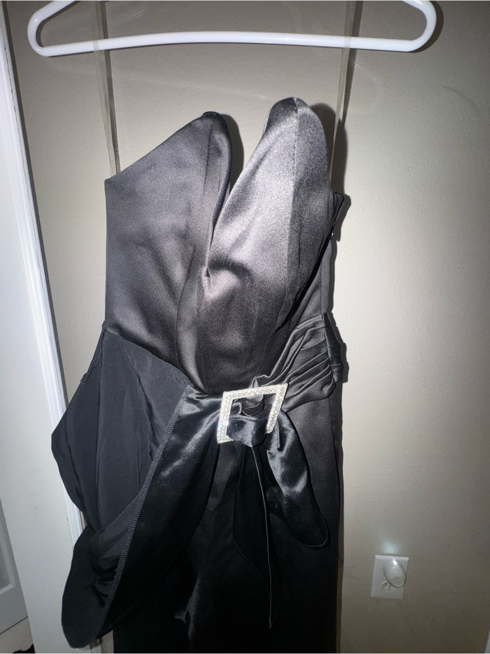 House of CB Black Strapless Satin Evening Dress with Rhinestone Buckle
